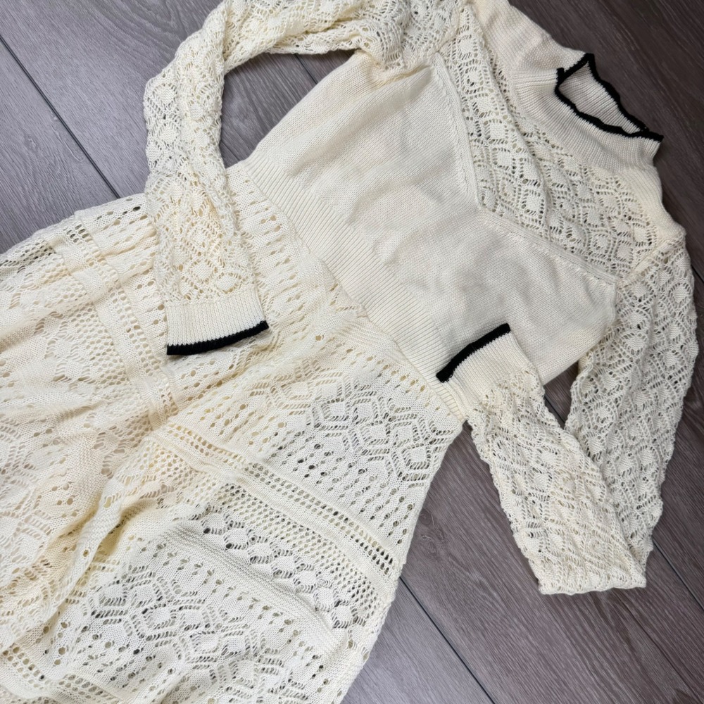 Anthropologie Women Crochet Knit Maxi Dress Pointelle Cream Black Medium